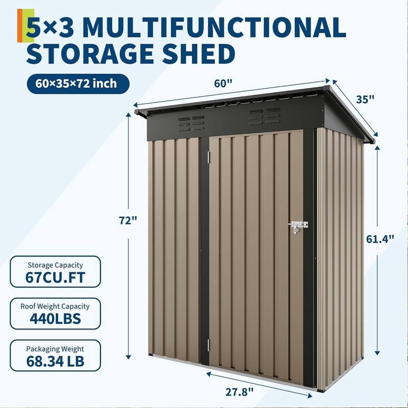 5×3FT Storage Shed Metal Tool Garden Shed for Garden, Backyard, Patio