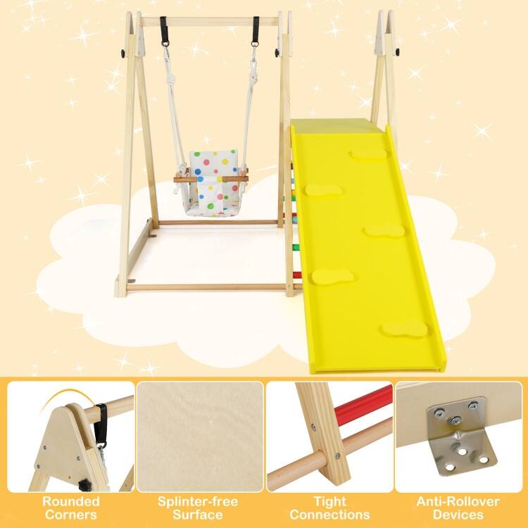 Multicolor Solid Wood Kids 4-in-1 Jungle Gym with Swing, Ramp and Platform - Multi Color - 73" × 47" × 45" (L × W × H)