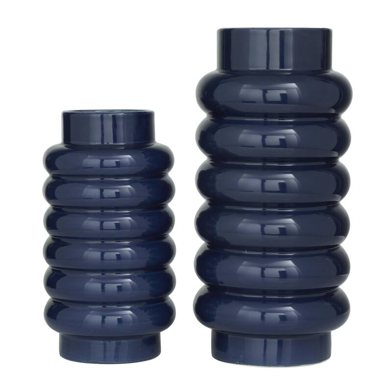 Ceramic Decorative Vase with Ring Ribbing - Set of 2 White, Yellow, Dark Blue - CosmoLiving by Cosmopolitan