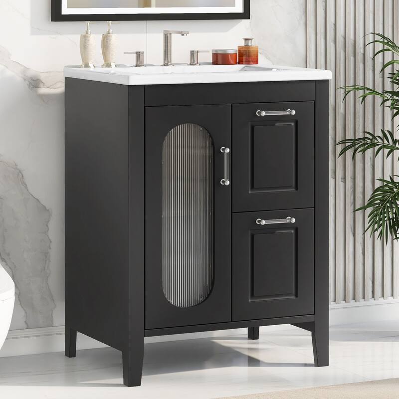 24" Black Bathroom Vanity with Sink - Solid Wood & MDF, Moru Glass Door, 2 Drawers, Adjustable Shelf