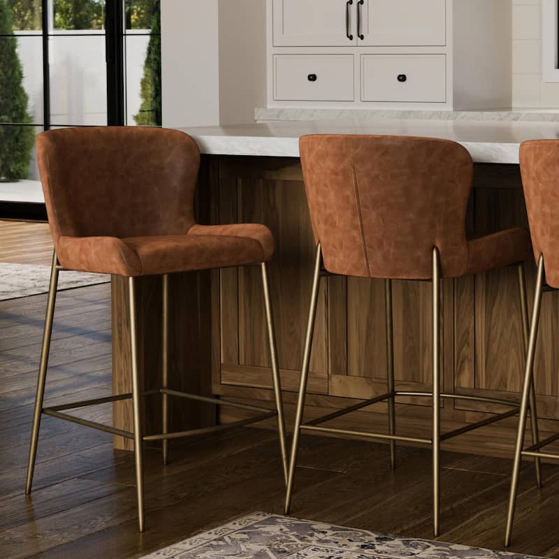 Maven Lane Naomi Metal and Vegan Leather Kitchen Dining Stool - Antique Brass - Counter Height