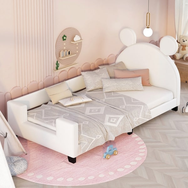 slide 2 of 12, Twin Size Upholstered Daybed with Carton Ears Shaped Headboard White