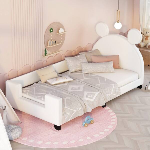 slide 2 of 11, Twin Size Upholstered Daybed with Playful Carton Ears Shaped Headboard, Sturdy Wooden Frame and Easy Assembly, White White