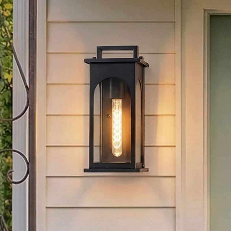 1-Light Modern 13 Inch Outdoor Wall Lantern Black Exterior Sconce with Clear Tempered Glass for Front Door Porch Light - W6‘’ - W6‘’ - Black
