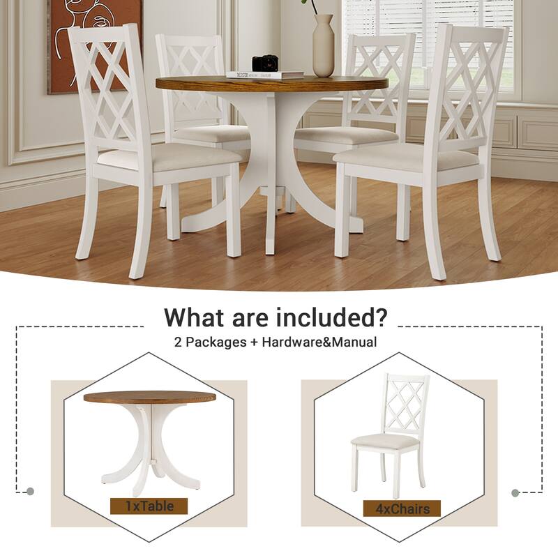Mid-Century Solid Wood 5-Piece Round Dining Table Set, Kitchen Table Set with Upholstered Chairs, Walnut Table+Beige Chair