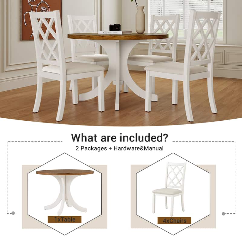 Walnut Mid-Century 5-Piece Wooden Dining Table Set with Round Table & 4 Chairs