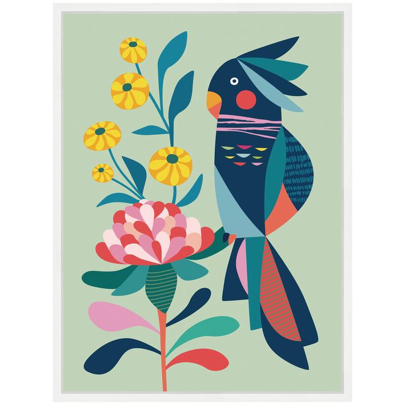 Kate and Laurel Sylvie Floral Cockatoo Framed Canvas by Rachel Lee