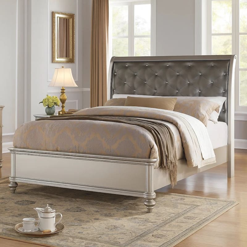 Opulent Wooden E.King Bed with Silver PU Tufted HB, Shinny Silver Finish