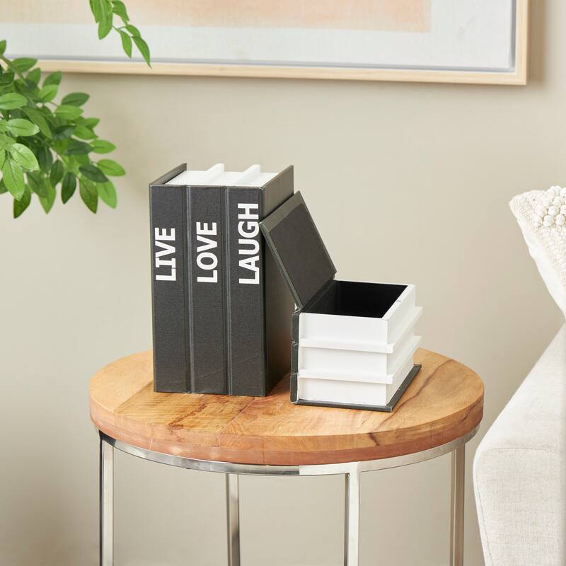 White or Black Canvas Faux Storage Book Box with Live, Laugh, Love Text (Set of 2) - Black
