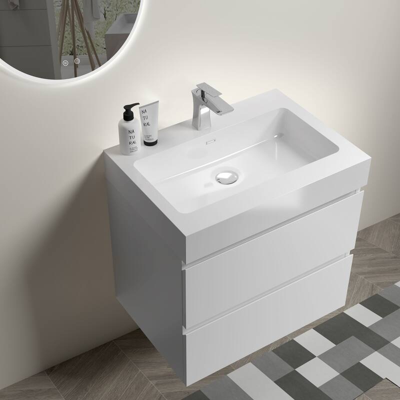 Rectangle Integrated Solid Surface Bathroom Sink with Overflow