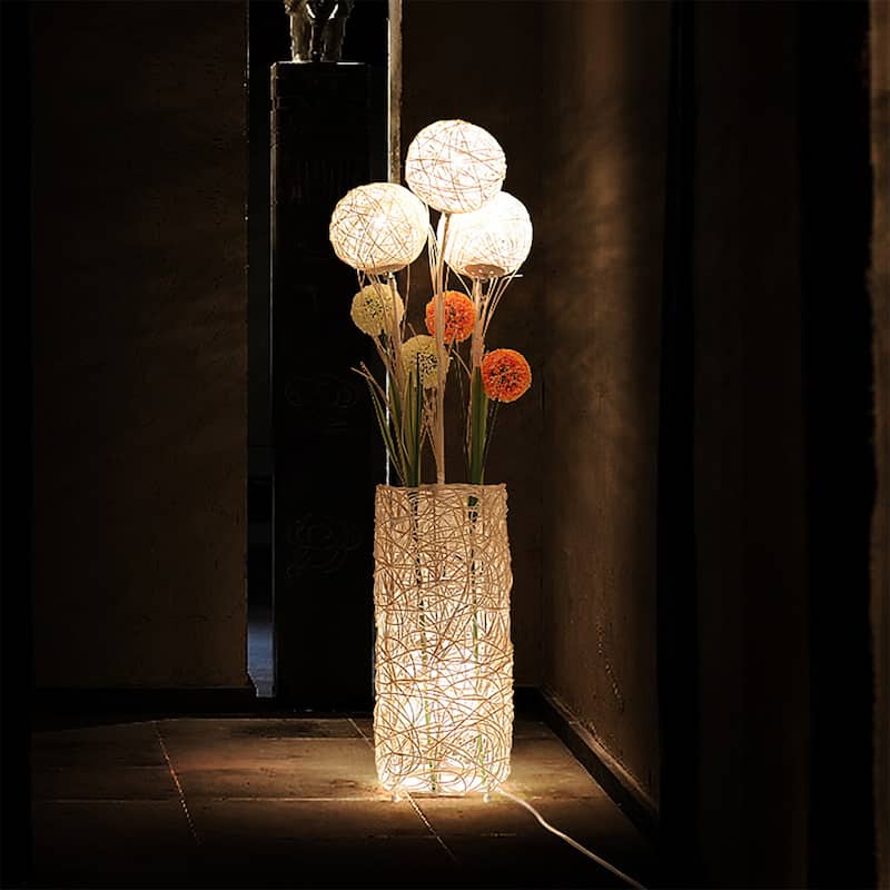 Floor Lamp Pastoral with Hand-Woven Flower Rattan Art Lamp - 8 in. x 8 in.x 43 in.
