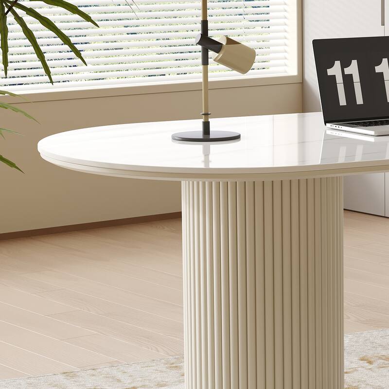 71" Modern Oval Writing Desk,Glossy White Office Table,with Double Solid Wood Legs, 3 Colors Optional