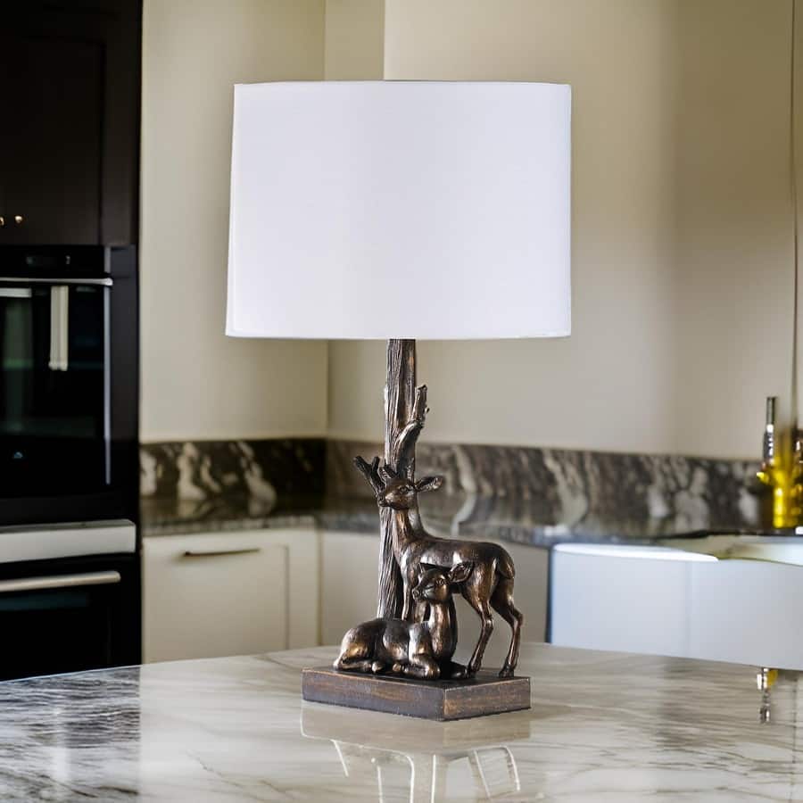 20 Inch Accent Table Lamp, Dual Roe Deer Design, White Drum Shade, Bronze