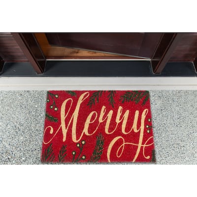 18" x 30" Red Beige Green Durable Non Slip Doormat with "Merry" Design - other-rug-size