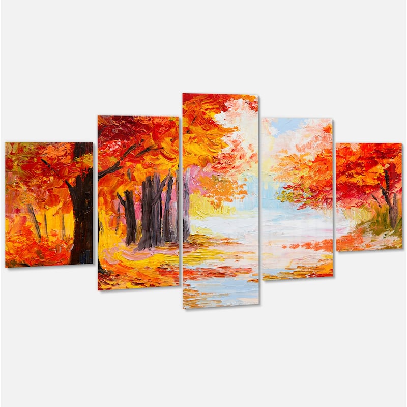 Designart 'Orange Forest in Autumn' Landscape Metal Wall Art