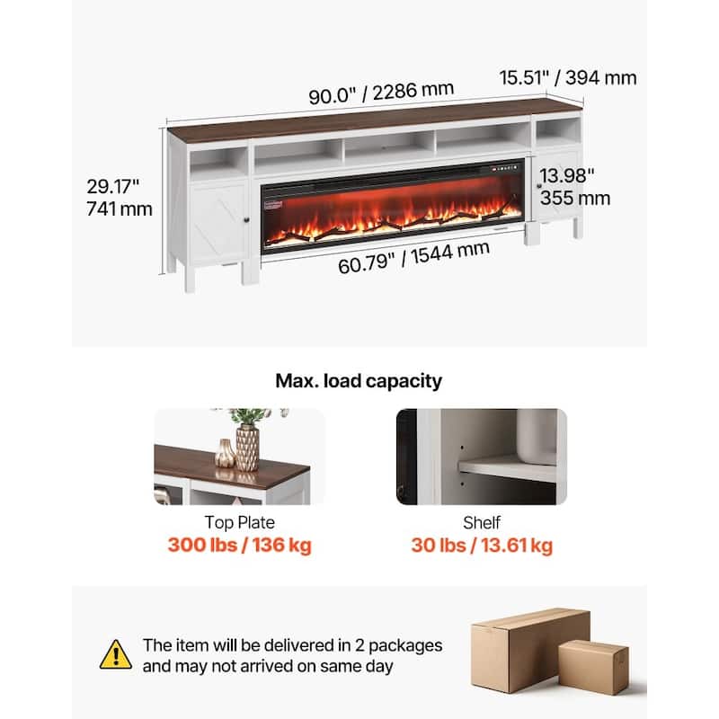 60-Inch Electric Fireplace TV Stand in White for Large TVs Adjustable Heat and Flame Settings - 60.79” x 6.3” x 13.98”