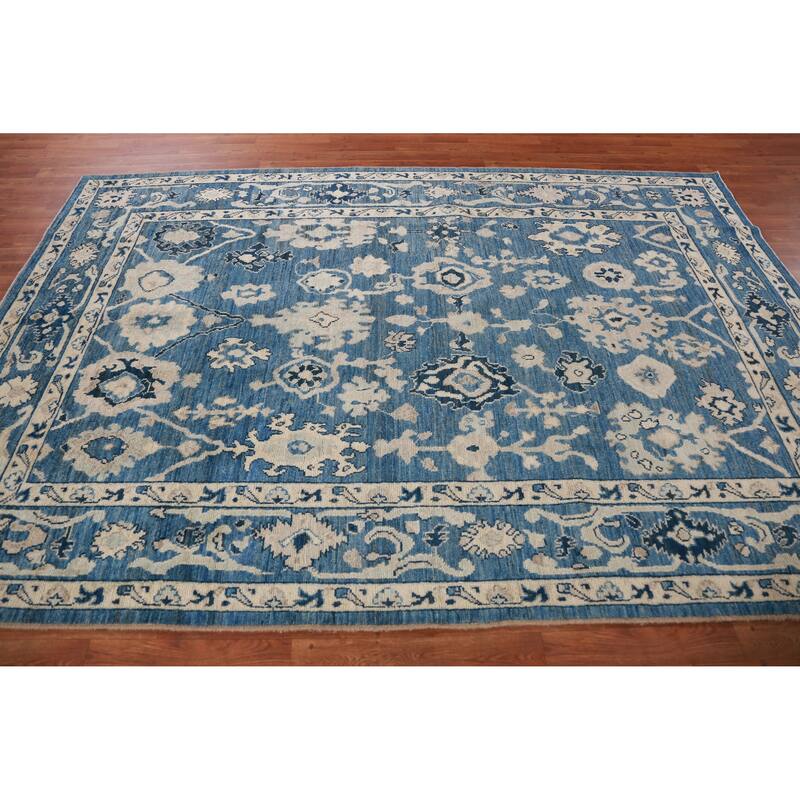 Hand Knotted Oriental 100% Wool Carpet Transitional All-Over Navy Blue & Blues Oushak Area Rug - 9' 4'' X 6' 4''