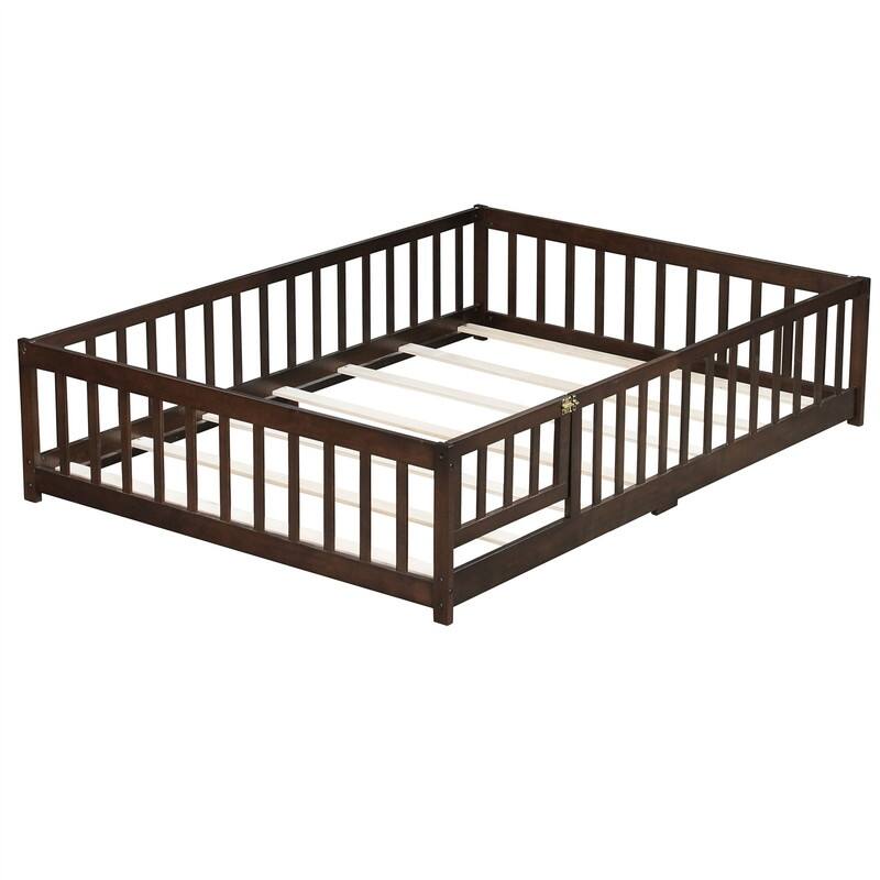 Twin/Full/Queen Size Floor Bed with Fence Guardrails and Door, Rubber Wood Toddler Bed Montessori Bed with Slats Support