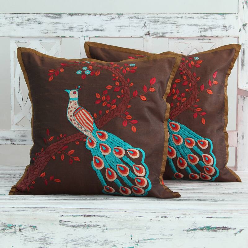 Novica Handmade Peaceful Peacock Embroidered Cushion Covers (Pair)