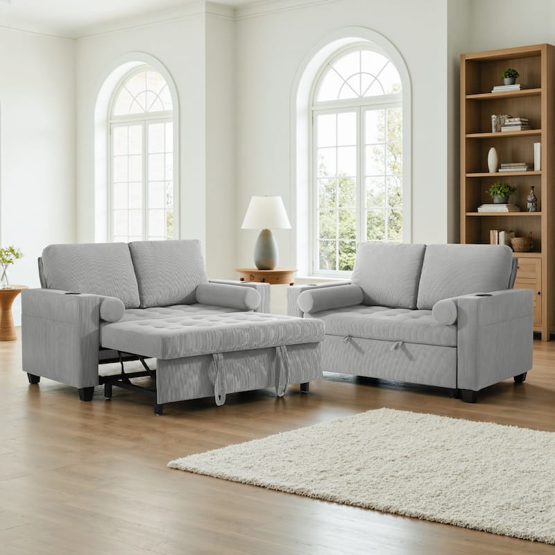2 Set Corduroy Convertible Sleeper Sofa Bed Loveseats with Cup Holder, USB Ports - Light Grey