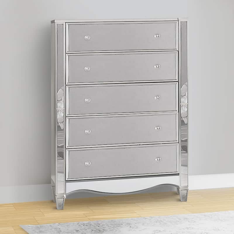 Chest with Crystal Knobs and Mirror Panels, Silver - Silver - 5-drawer