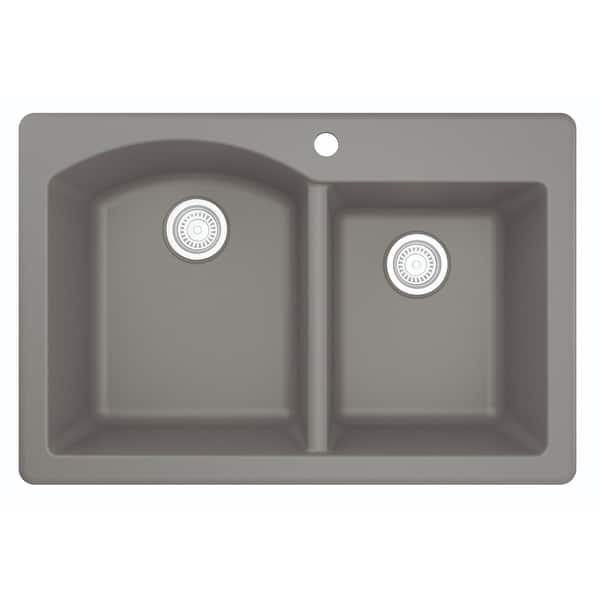 slide 2 of 50, Top Mount 33-inch Large/Small Bowl Quartz Kitchen Sink - 33" x 22" x 9" Grey