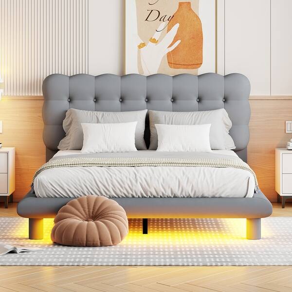 slide 2 of 22, Queen Velvet Thick Fabric Upholstered Bed LED Bed Platform Bed with LED, Thick & Soft Fabric and Button-tufted Design Headboard Gray - Queen