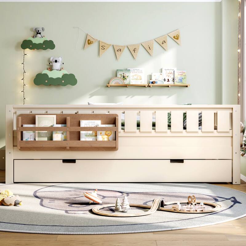 Full/Twin Size Wood Bed with Built-in Bookshelves and Storage Staircase, Safety Rails and Trundle Bed