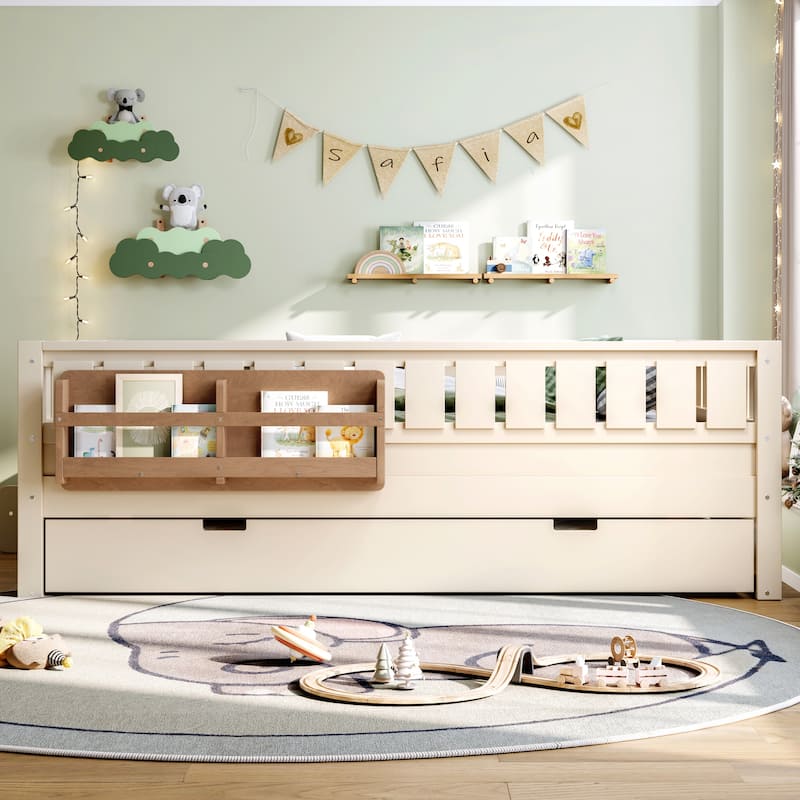 Roomfitters Floor Bed with Bookshelf and Trundle, Low Profile Frame with Step Entry