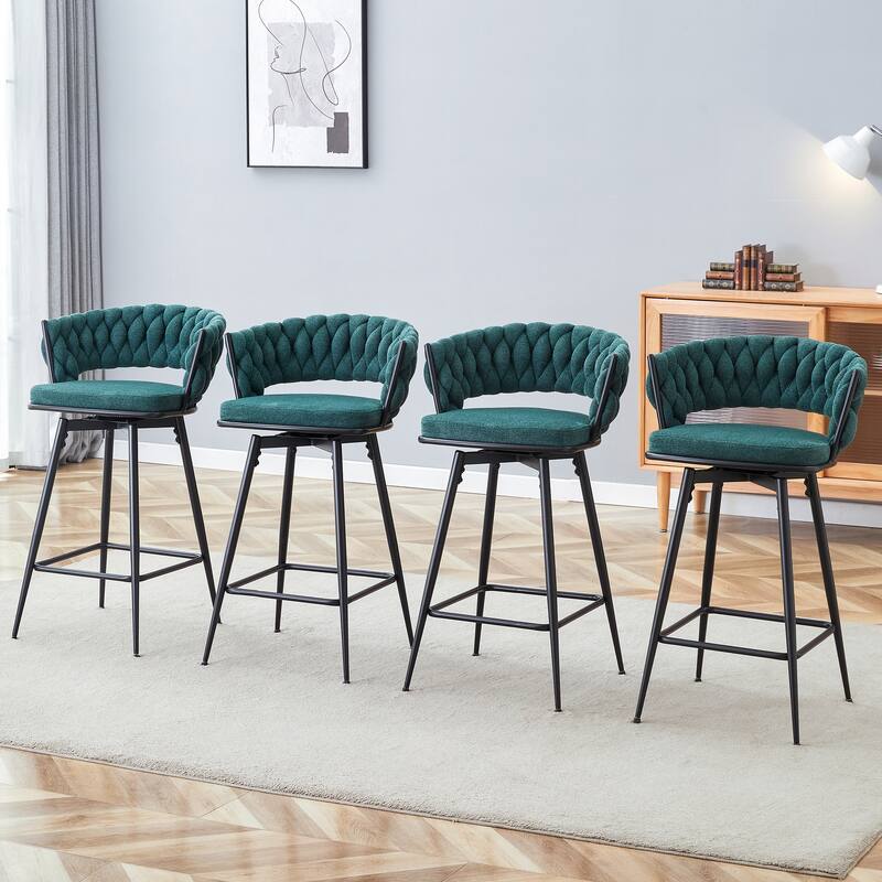 Set of 4 Swivel Bar Stools with Retro Green Linen Seat & Black Iron Frame for Restaurants & Bars