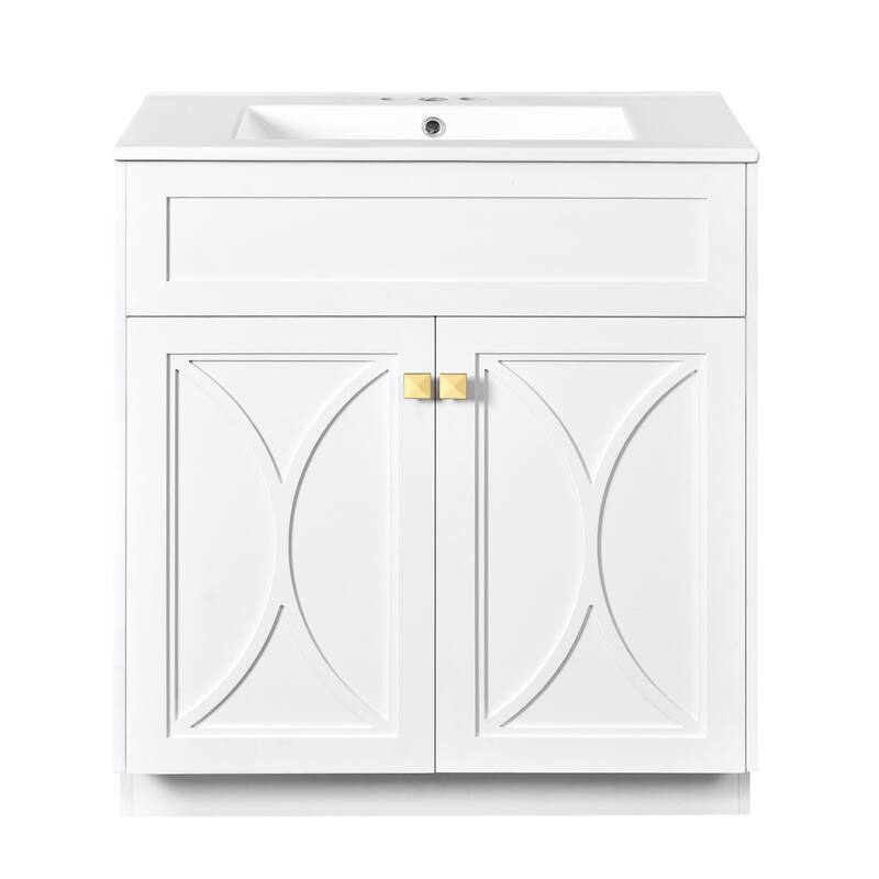 60"Bathroom Vanity with Ceramic Sink Combo, Modern Freestanding Storage Cabinet with Gold Handles, Soft Closing Doors