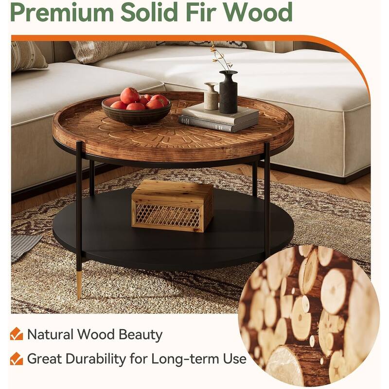 31.5-Inch Boho Solid Wood Round Coffee Table with Metal Storage Frame & Carved Floral Pattern for Small Spaces, Apartment