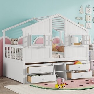 Full Size House Loft Bed with Roof & Windows | 4 Storage Drawers, Pine Wood Frame, Safety Guardrails & Ladder