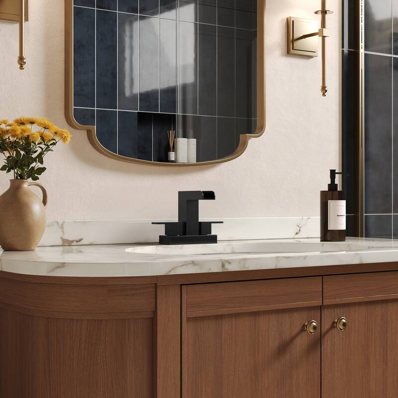GRANDJOY Modern Dual Handle Centerset Waterfall Bathroom Faucet - Matte Black