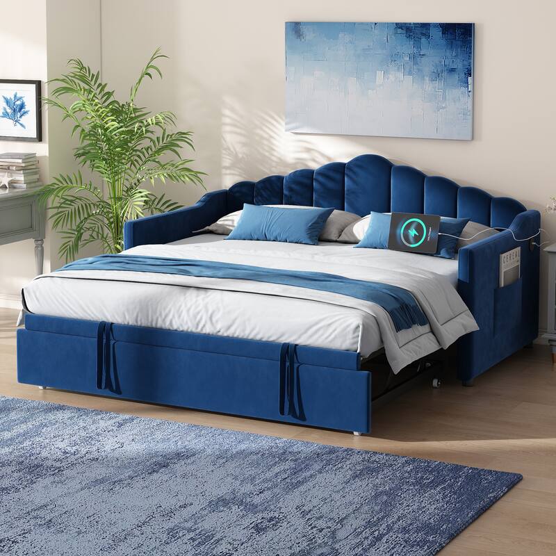 Velvet Upholstered Daybed with Adjustable Height Pop Up Trundle and Charging Station, Twin Size Pull Out Platform Sofa Bed Frame