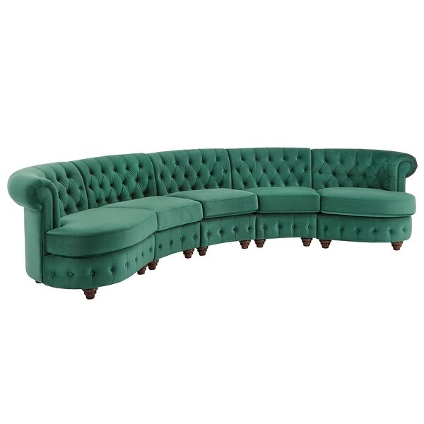 Morgan Velvet Tufted Scroll Arm Chesterfield 5-Seat Curved Sofa by