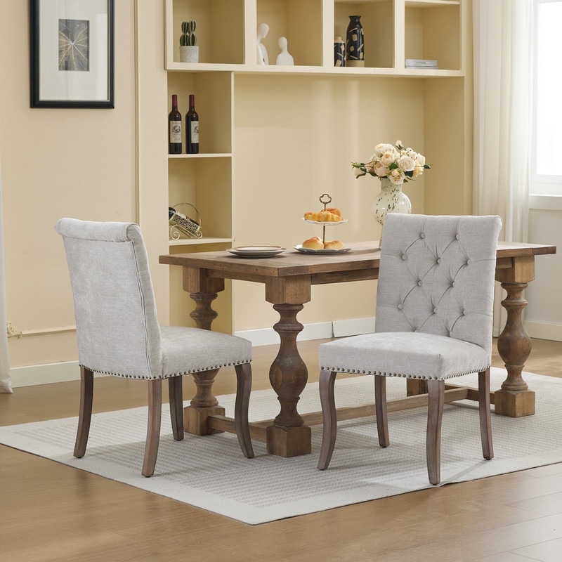 2PCS Upholstered Chenille Tufted Dining Chair with Solid Wood Legs