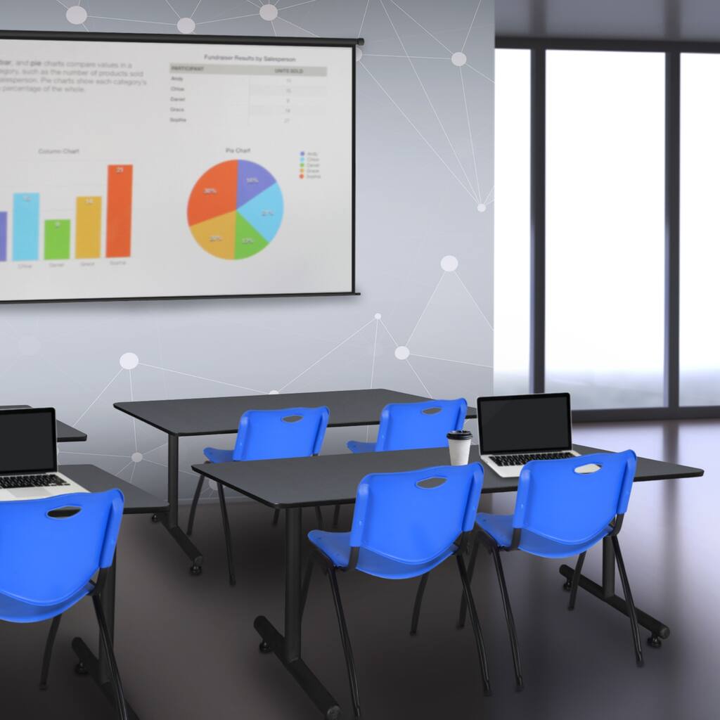 60" x 24" Training Table- Grey & 2 'M' Stack Chairs- Blue - 60" x 24"