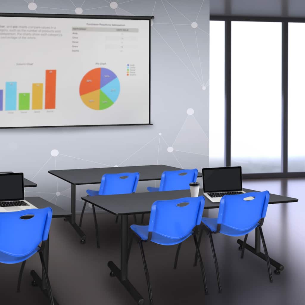 72" x 30" Training Table- Grey and 2 "M" Stack Chairs- Blue