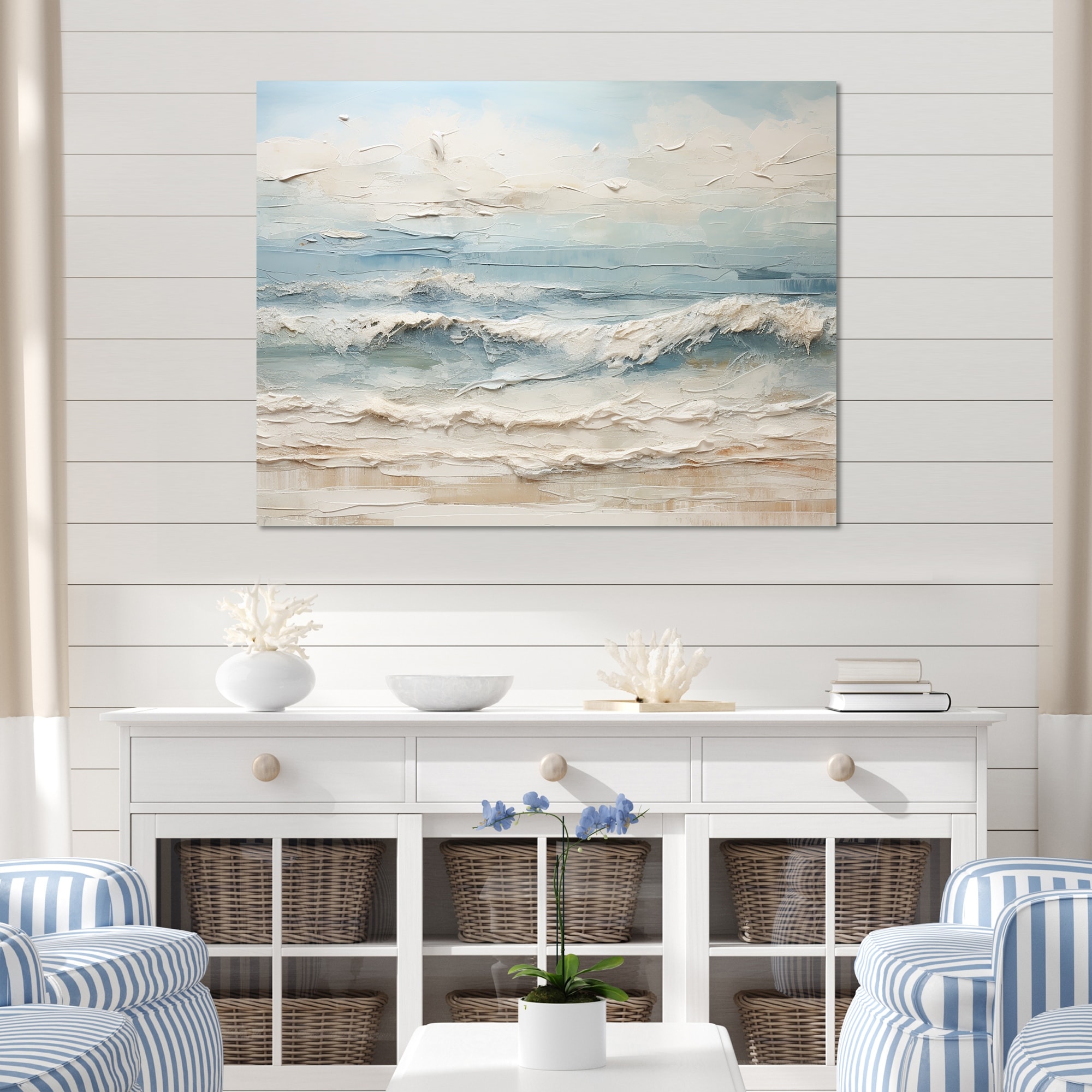 Designart "Beige And Blue Coastal Beach Paint" Beach Wall Art