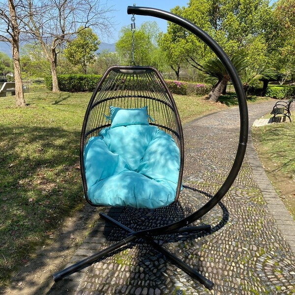 Outdoor Wicker Folding Hanging Egg Chair with Cushion and Pillow