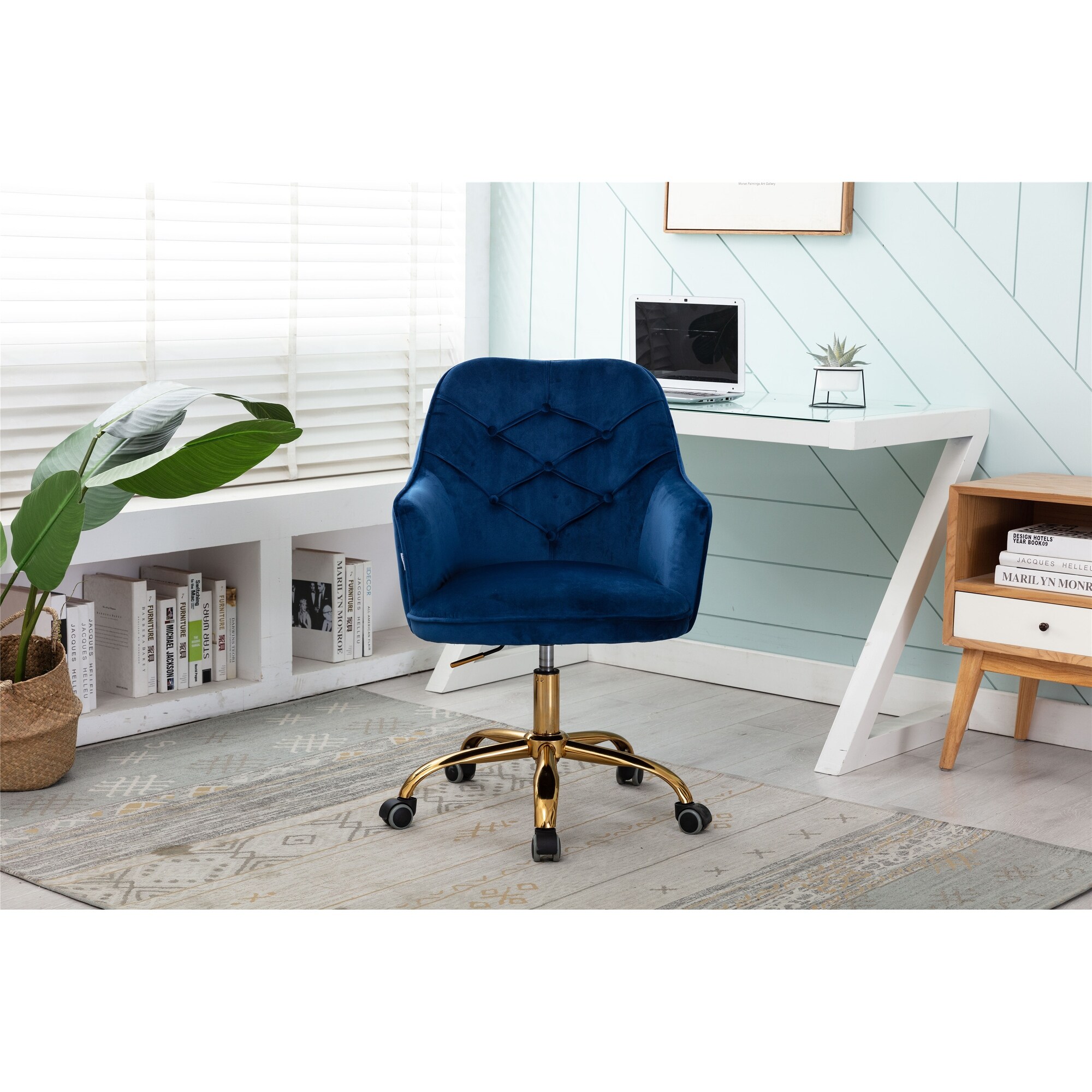 Navy Velvet Shell Chair Swivel Lift Chairs Button Tufted Accent Arm ...