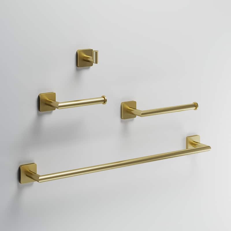 VIGO Satro 4-Piece Bathroom Hardware Accessory Set with 24 in. Towel Bar, Toilet Paper Holder, Hand Towel Holder, Hook - Matte Brushed Gold