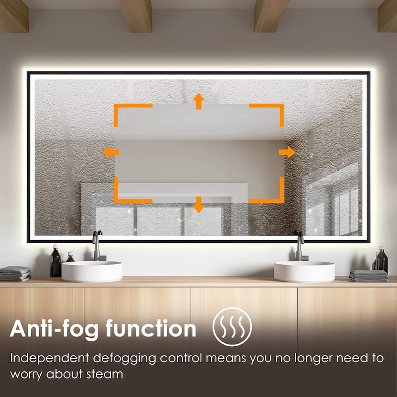 Apollo Rectangular Anti-Fog Dimmable Modern Bathroom/Vanity LED Lighted Wall Mirror in Matte Black Aluminum Framed