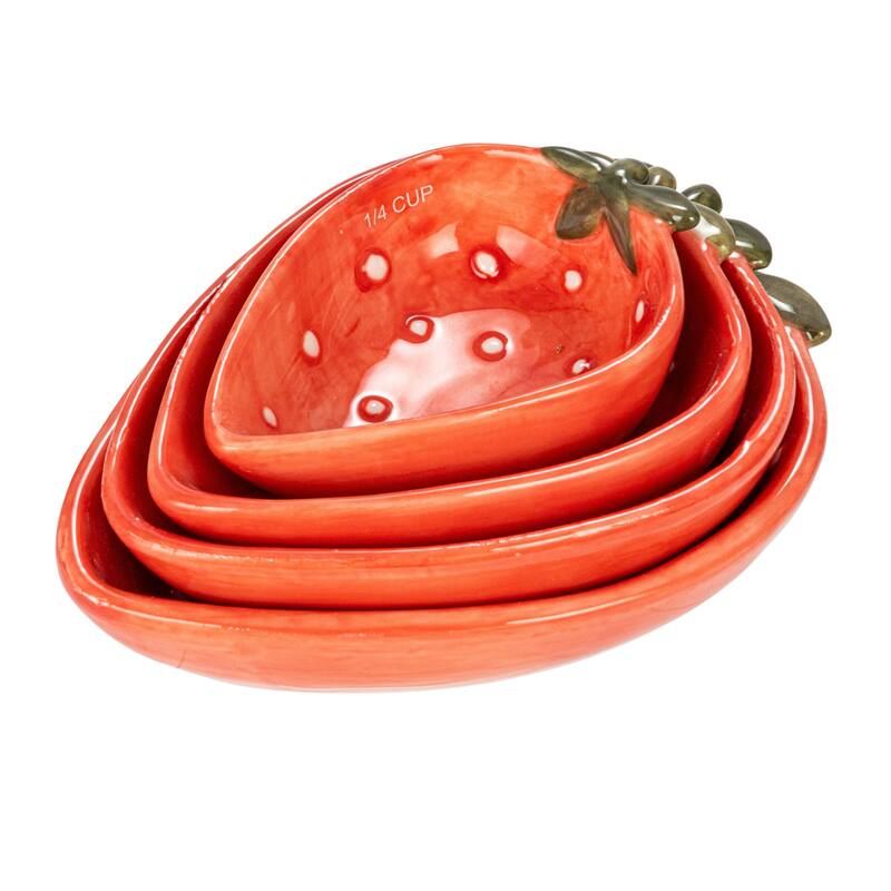 Hand-Painted Strawberry Stoneware Measuring Cups, Set of 4 - 5.9"L x 4.5"W x 1.8"H