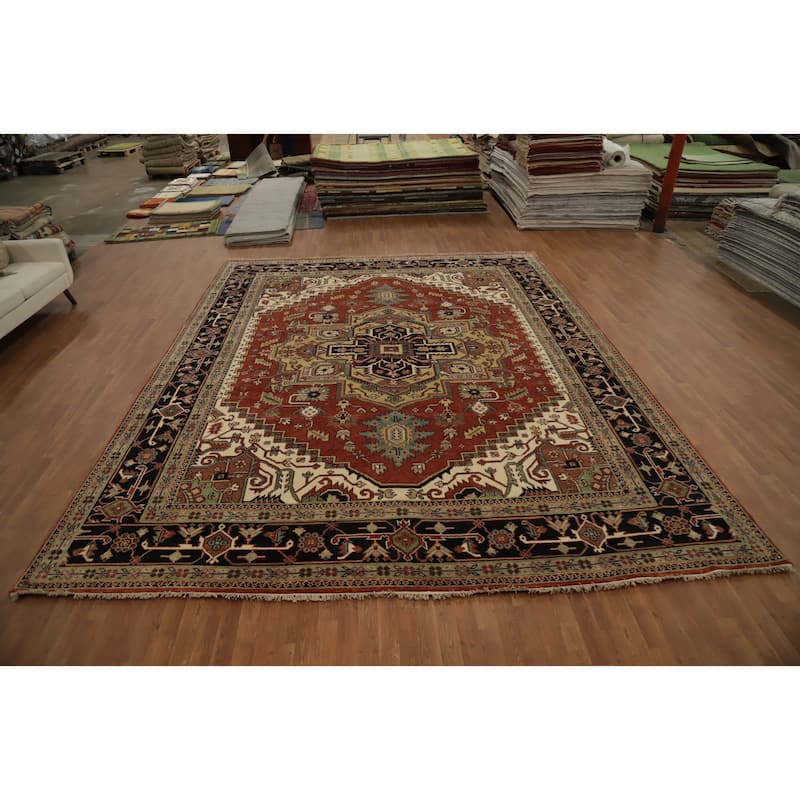 Hand Knotted Oriental 100% Wool Carpet Traditional Medallion Oranges & Rust Heriz (serapi) Area Rug - 14' 9'' X 11' 8''
