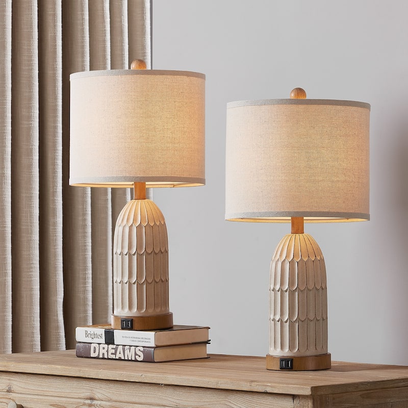 Beige Resin Table Lamps with 3-way Touch Dimming Switch Dual USB Charging Ports (Set of 2) - 11'' x 11'' x 22'' (L x W x H)