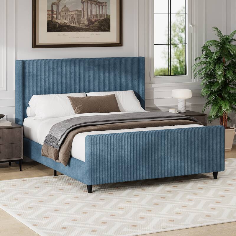 King Size Corduroy Bed with Wingback and High Footboard