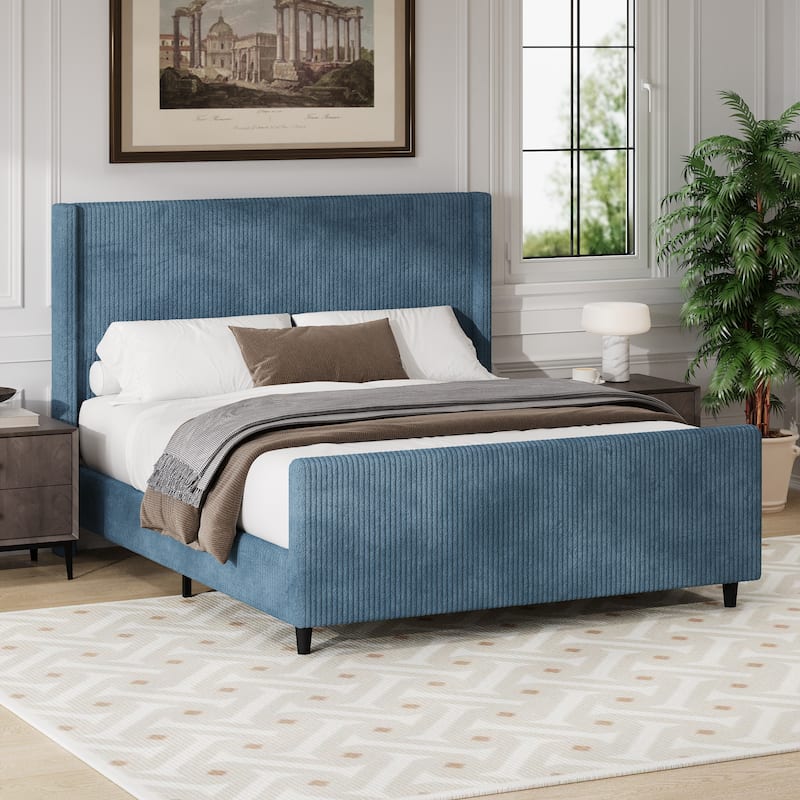Vertical Stripe Wingback Bed Corduroy Fabric Frame Platform Bed