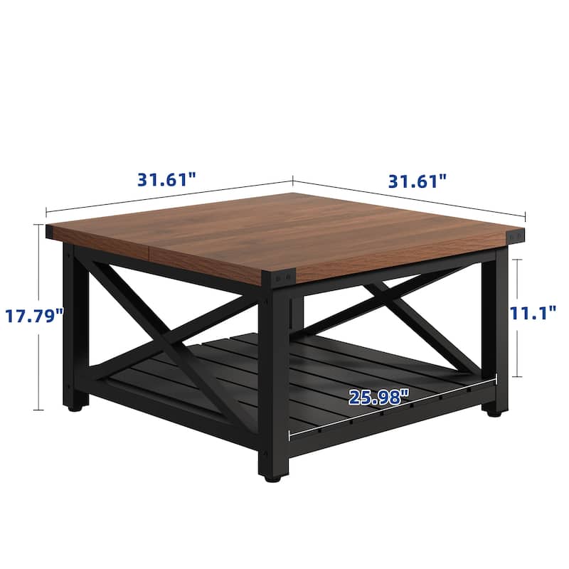 Moasis 31" Square Farmhouse Coffee Table with Shelf, 2-Tier Center Table with Storage